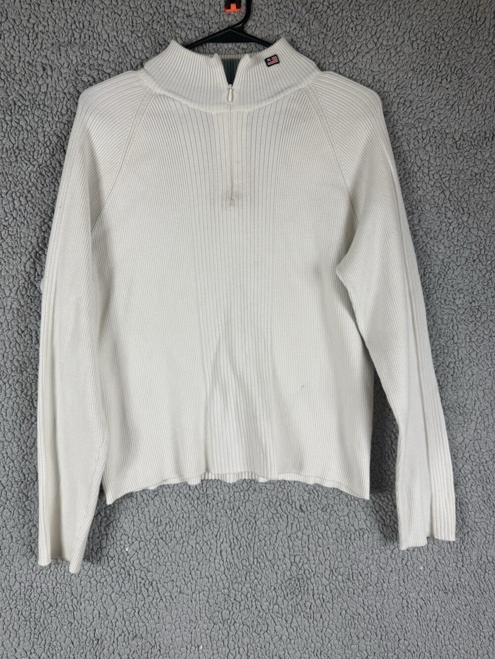 Vintage Polo Jeans Co Ralph Lauren Quarter Zip Knit Sweater Cream Ribbed L Flag